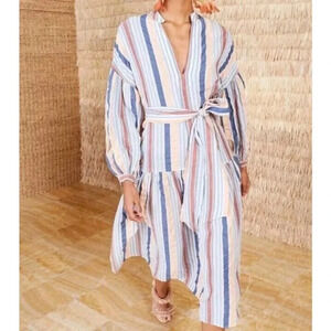 Ulla Johnson 100% Cotton Selvi Midi Dress Multi Striped Oversized Belted Size 0